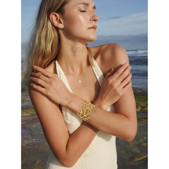 Gold Brass Cuff Bracelet Women Summer Beach Statement Jewelry - Picture 3 of 8